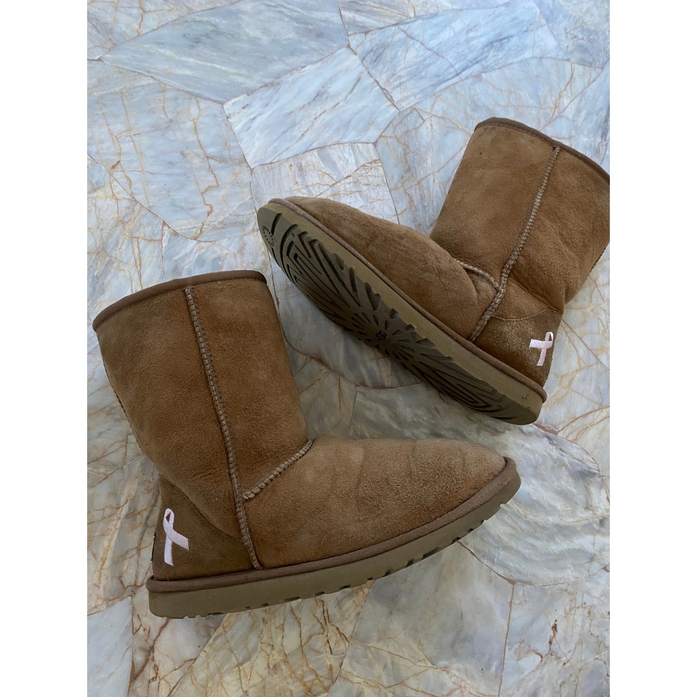 UGG Australia Classic Short Chestnut Suede Pink Ribbon Breast Cancer Boots - Picture 16 of 16